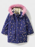 Crew Clothing Girls Foil Print Parka Coat With Faux-fur Hood - Navy, Navy, Size 6-7 Years