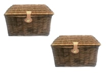 Set Of 2 Picnic Hamper Basket With Lid Latch No Lining Oak  Extra Large 48x39x27cm