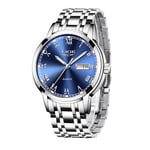 LIGE Montre Homme Luxe 3ATM Etanche Chronographe Analogique Quartz Lumineuses Date Bleu Cadran Classique Mode Affaires Élégant Acier Inoxydable Montres Cadeau pour Hommes, Argenté Bracelet Montre