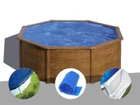 Kit piscine acier aspect bois Gré Sicilia ronde 3,70 x 1,22 m + Bâche hiver + Bâche à bulles + Tapis de sol