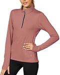 icyzone Femme Veste de Sport 1/4 Zip T-Shirts Manches Longues Séchage Rapide avec Chemises de Course Haut de Yoga Trous de Pouce (L, Rose)