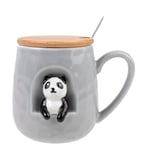 lachineuse - Tasse Panda - Relief 3D - Little Panda - Porcelaine, Bois, Métal - 380 ML - Avec Couvercle et Cuillère - Mug Café, Thé, Chocolat, Cappuccino - Idée Cadeau Originale