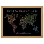 Artery8 World Travel Landmark Line Map Oh The Places You Will Go! Rainbow Black Artwork Framed A3 Wall Art Print