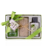 Accentra - Set de douche pour femme - Olive dans une jolie boîte cadeau - Kit de soin 3 pièces avec gel douche, lotion pour le corps et serviette en sisal - Cadeau bien-être pour un anniversaire, la