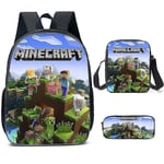 3 st Minecraft Skolväska Ryggsäck för Pojkar Barn, Ryggsäckar med Väska och Pennfodral ca. piece set