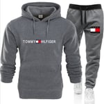 Tommy Hilfiger Herr Casual Tracksuit Set Hoodie Jogging Joggers Gym Sport Outfit Dark Grey 3XL