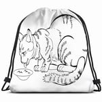 MAY-XCustom Drawstring Tote Bag,Sketch My Always Hungry Eating Cat Animals Wildlife Activity Food And Drink Drawstring Storage Bag,Premium Drawstring Swim Bags For Gym