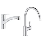 GROHE QUICKFIX Start Robinet de Cuisine évier, Douchette extractible, Inverseur 2 jets, Rotation 90° & Mitigeur Monocommande Evier Bec C Bauloop 31368001 (Import Allemagne) Chromé