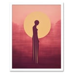 Sunrise Solitude Minimalist Artwork Plum Pink Gold African Woman Silhouette in Golden Sun Halo Art Print Framed Poster Wall Decor 12x16 inch