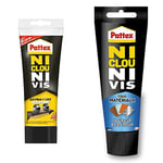 Pattex Ni Clou Ni Vis Extra Fort & Rapide, colle de fixation surpuissante, colle blanche, tube 260 g & Ni Clou Ni Vis Tous Matériaux, colle forte tous supports, mastic blanc, tube de 142 g