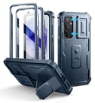 Dexnor pour Coque Samsung Galaxy A35【Double Cadre Avant et Support】 avec CaméRa Coulissante Intégrée & Protecteur d'écran, Coque de Protection Robuste Résistante Aux Chocs - Bleu