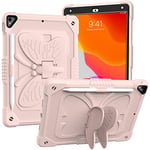 Coque pour iPad 10,2" 2021/2020/2019 avec bandoulière, Coque de Protection résistante aux Chocs avec Support Papillon pour 9e/8e/7e génération (Rose)