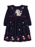 JoJo Maman Bébé Kids' Unicorn Appliqué Tulle Party Dress, Navy/Multi