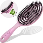 Brosse Cheveux avec Poil de Sanglier - Double Ressort Spirale - Sans Tirer - Magique Démêlante Pro