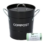 Black Compost Caddy & 50x 6L Biobags - Kitchen Compost Bin - Metal Pail