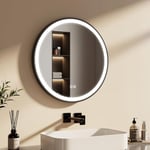 EMKE Miroir de Salle de Bain Rond Noir 60 cm LED avec Interrupteur Tactile + 3 Couleurs de lumière 3H arrêt Automatique pour économiser de l'énergie