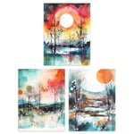 Artery8 Set of 3 A4 Winter Countryside Landscape Watercolour Paintings Sun and Moon Dawn and Sunset Snow Unframed Wall Art Living Room Poster Prints Pack