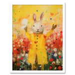 Rabbit in a Yellow Rain Mac Oil Painting Bright Floral Meadow Kids Bedroom Nursery Art Print Framed Poster Wall Decor 12x16 inch