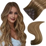 Easyouth Balayage Extension a Clip Cheveux Naturel Brun Extension Cheveux Humain Clip Brun Foncé Ombre Blond Fraise et Brun Foncé Invisible Clip Extension Cheveux Remy Lisse 45 cm 120g 7Pcs