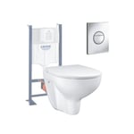 Pack WC sans bride Bau Ceramic Set de toilette Slim avec abattant + Bâti support Rapid SL + Plaque de commande WC rond chromé