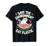 Save The Environment Eat Plastic Funny Cute Cat Meme T-Shirt