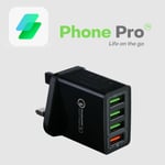 PowerPro Quick Charge 3.0 4x Multi USB Fast UK Plug Wall Charger Up to 3x faster