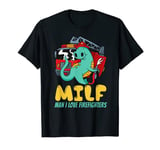 Man I Love Firefighters Fire Truck Dinosaur Cartoon Saying T-Shirt