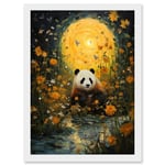 Artery8 Harvest Moon Panda Landscape Oil Painting Panda Bear in a Wildflower Meadow with Flowing Stream Kids Bedroom Artwork Framed Wall Art Print A4