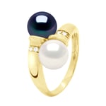 Ateliers Saint Germain Womens Ring You & Me - Diamonds 0,04 Cts - 2 Real Cultured Freshwater Pearls Round 8-9 mm - Black/White Gold - Size S