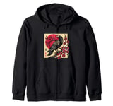 Japanese Art Raven Vintage Graphic Cherry Blossom Zip Hoodie