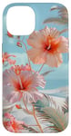 iPhone 14 Palm Tree Hibiscus Sunset on the Beach Light Blue Case