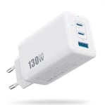 130W Chargeur Usb C, 3 Ports Avec Gan Iii Tech Prise Usb Multiple, 65W Pd+Pps Chargeur Rapide Compact Adaptateur Usb Compatible Avec Macbook Pro/Air, Ipad, Iphone16/15, Galaxy S24,[CHA301497]