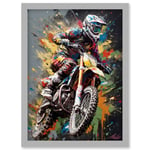 Dirt Bike Sport Splatter Paint Motocross Rider Artwork Framed Wall Art Print A4