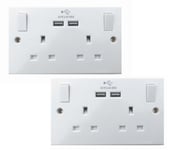 Double Electric Socket Mains Wall USB 2 Gang White Plug Outlet 13AMP 2Pc