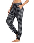 Vlazom Pantalon de Pyjama Femme Longs Pyjama Femme Pantalon à Carreaux Doux Bas de Pyjama avec Poches，B Gris，S