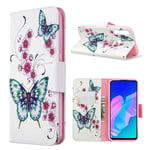 Huawei Wonderland P40 Lite E kotelot - Sininen Perhonen ja Kukat Monivärinen