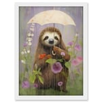 Artery8 Picking Flowers in the Rain Oil Painting Cute Sloth with an Umbrella in a Wildflower Meadow Kids Bedroom Artwork Framed A3 Wall Art Print