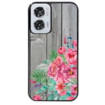 Coque noire pour Moto G35 bois gris fleur rose