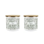 Green Leaves Tea & Coffee Canister Set - Foliage Enamel Kitchen Storage Gift