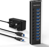 RSHTECH Powered USB 3.0 Hub Aluminum 10 Port USB 3.0 Data Hub with 12V/3A 36W &