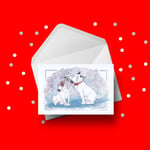 Christmas Card (26) with Bull Terriers kissing under mistletoe  "Kiss a bull"