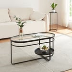 Table basse Kumla avec plateau ovale et étagère métal verre trempé 90 x 43 x 46 cm noir en.casa