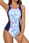 CharmLeaks Women Leg Cut Sports One Piece Swimming Costume Athletic Swimsuit Purple Geometry Printed S