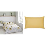 Catherine Lansfield Painted Sun Flowers Reversible King Duvet Cover Set with Pillowcases Yellow & Easy Iron Percale Standard Pillowcase Pair Ochre Yellow