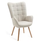 MEUBLE COSY Fauteuil Salon Scandinave Confortable Chaise de Coiffeuse Canapé pour Chambre Salle à Manger Bureau Allaitement avec Assise Épais Accoudoirs Rembourés en Tissu Pieds Bois Massif, Beige