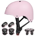 KORIMEFA Casque Vélo Enfant Set de Protection Roller pour Enfants Filles Garçons 3-13 Ans Casque Réglable Coudières Genouillère Protège-Poignets Protection Trottinette Skateboard (Rose Clair, S)