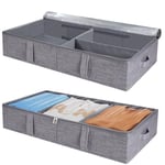 2 Pack 50L Under Bed Storage Box with Lid, Foldable Linen Storage Box with Sturdy Sidewalls/Bottom and Adjustable Dividers PVC Clear Lid 4 Handles for Clothes, Blanket, Bedding, Toys, Shoes