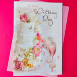 On Your Wedding Day Card 9"x6" Lovely Floral Cake Champagne