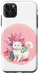 Coque pour iPhone 11 Pro Max Chat blanc mignon, fond rose, art floral