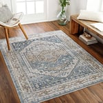 Livabliss Sitra Tapis de Salon Lavable, Salle à Manger, Chambre, Cuisine, Bureau - Tapis Lavable en Machine, Poil Court - Tapis Vintage Ethnique, Boheme Chic Oriental, 160x213cm - Ivoire, Bleu, Gris